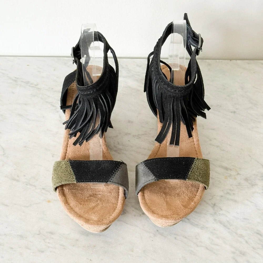 Minnetonka Womens Suede Fringe Wedge Sandals Black Green Patchwork Boho 10